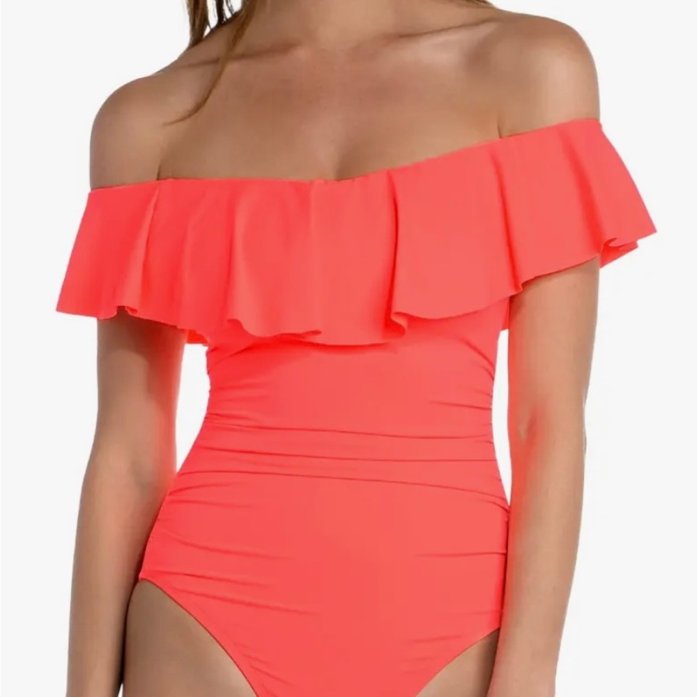 La Blanca Island Goddess Off The Shoulder Hot Coral Orange 1 Piece Size 10 NWT